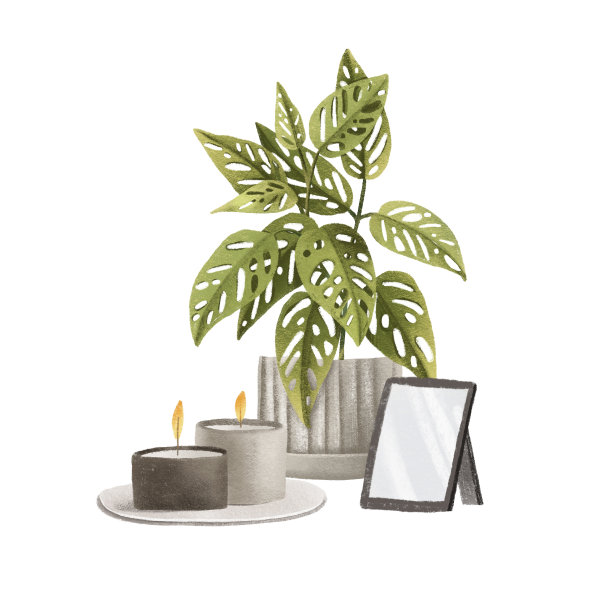 手绘水彩插图的入口安排与怪物诱饵，相框和蜡烛。舒适的家。白色背景上孤立的物体。复古的风格图片下载