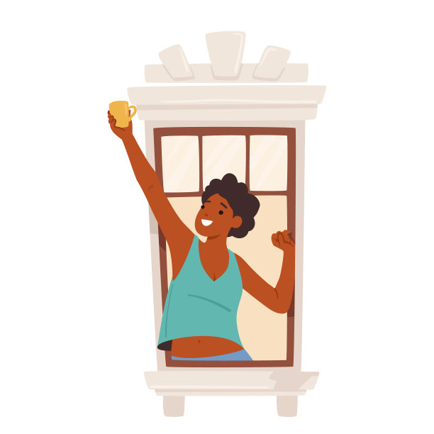 女人站在窗口，凝视着外面一个愉快的表情，抓着她温暖的咖啡杯矢量插图图片下载