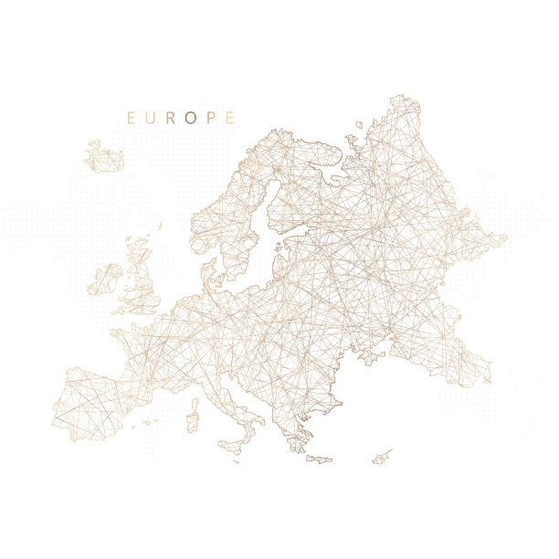 欧洲大陆的低多边形地图。金色多边形线框。闪闪发光的矢量与黄金粒子在白色的背景。矢量插图eps 10图片下载