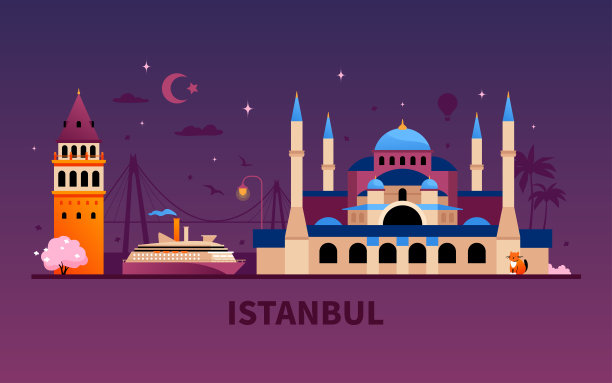 伊斯坦布尔的夜景-现代彩色矢量插图图片下载