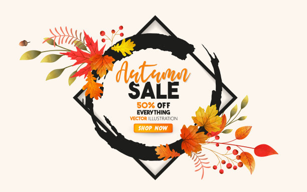 秋季特卖背景。一套色彩缤纷的秋天海报与明亮美丽的树叶框架图片下载