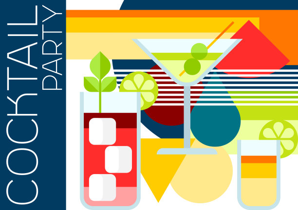 鸡尾酒会请柬。抽象的背景与风格化的饮料。图片下载