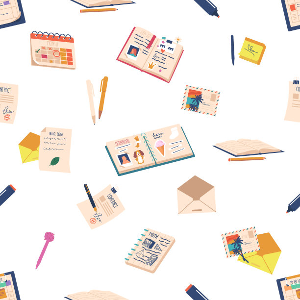 无缝模式与笔记，信件，记事本，日历，相册，日记，明信片，时间表，铅笔和钢笔图片下载