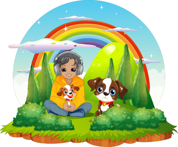 男孩抱着宠物坐在地板上听图片下载