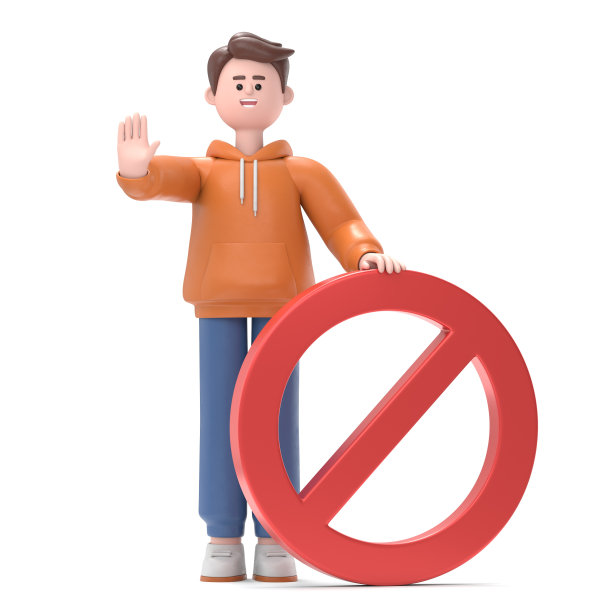 三维插图微笑的商人卡迪尔站在一个停止标志旁边。白色背景的3D渲染。图片下载