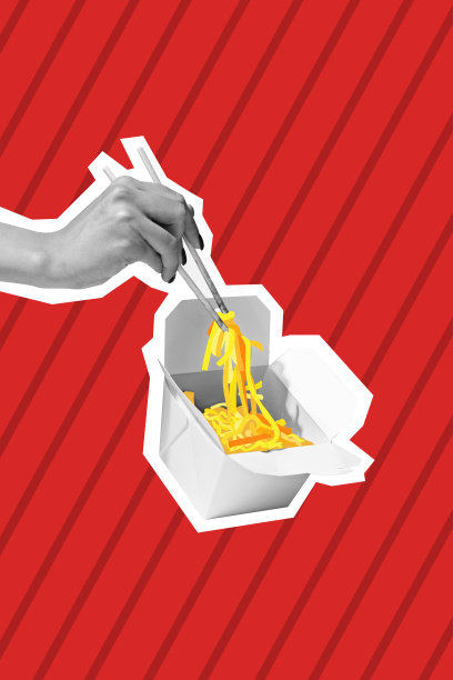 海报。当代艺术拼贴。现代创意模式。单色手与盒子与亚洲面条对红色背景。图片下载