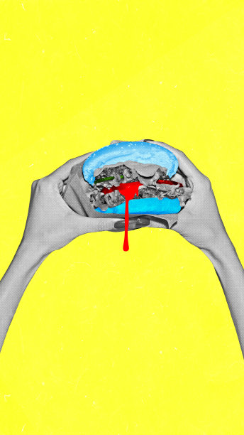 海报。当代艺术拼贴。现代创意模式。单色手握热美味汉堡与鲜艳的蓝色面包图片下载