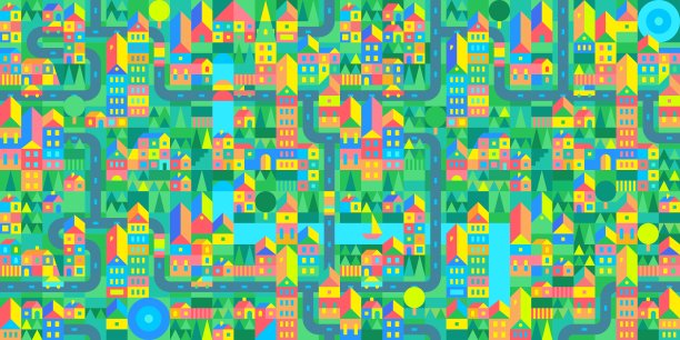 时尚无缝抽象卡通城市矢量包豪斯瑞士几何城市图案设计背景图片下载