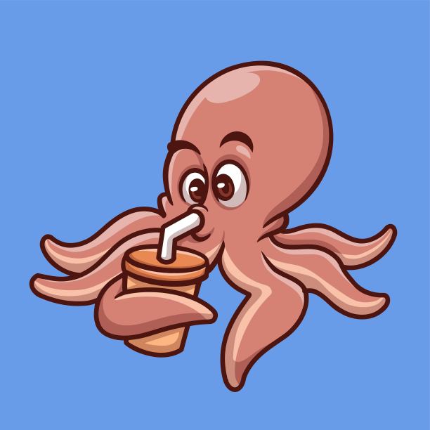 喝章鱼创意卡通插画图片下载