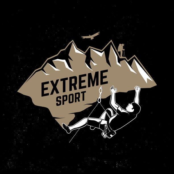 极限运动，攀岩俱乐部徽章。矢量插图。概念衬衫或徽章，印刷品，邮票或t恤。复古排版设计与登山者在山上。户外探险图片下载