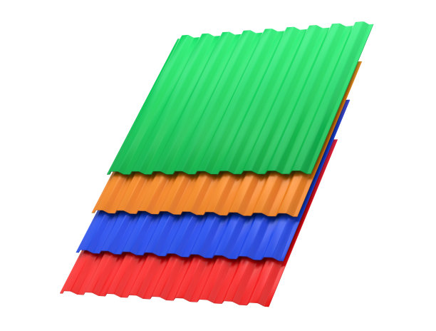 用于屋顶和屋顶建筑行业的堆叠或堆叠彩色金属钢型材的3D插图，隔离在白色背景上图片下载