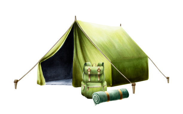 水彩构图用绿色野营帐篷、徒步和野营背包、卷起的毯子和睡袋插图。休闲旅游和探险用的登山设备，隔离在白色背景上。剪贴画的设计师，旅游业务图片下载