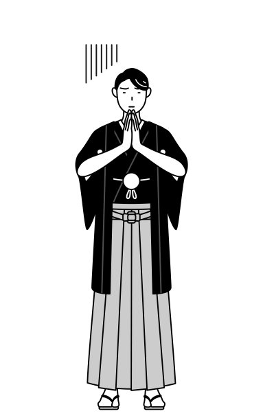 一名男子穿着带帽徽的袴衫，双手放在身前道歉。图片下载