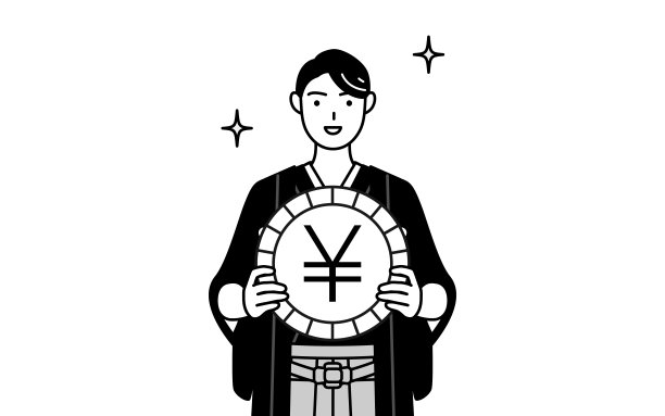 一名男子穿着带徽章的袴，象征着外汇收益和日元升值图片下载