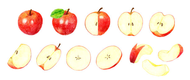一组看起来很好吃的苹果。手绘水果水彩插图。图片下载