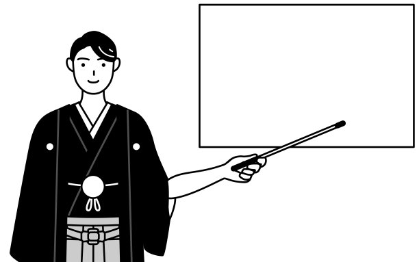 一名男子穿着带帽徽的袴衫，用指示棒指着白板。图片下载