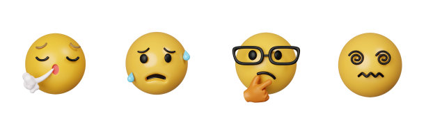 3d设置图标焦虑表情。现实的黄色光泽3d情绪的脸。图标隔离在灰色背景。3d渲染图。剪切路径。图片下载