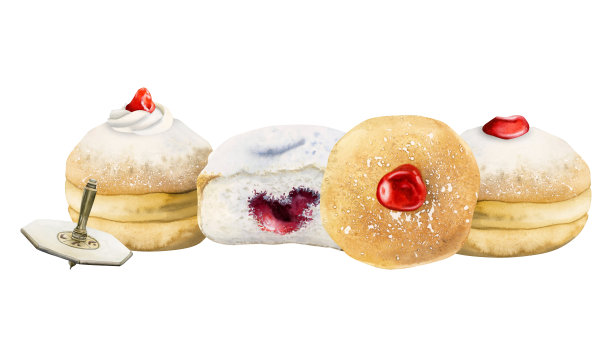 光明节传统甜甜圈与陀螺水彩插画，白色背景分离，手绘犹太光明节油炸草莓酱糕点图片下载