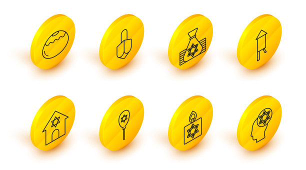 集线正统的犹太帽子，燃烧的蜡烛，气球与大卫之星，犹太教堂，烟花火箭，钱袋，光明节棒和甜蜜的面包店图标。向量图片下载