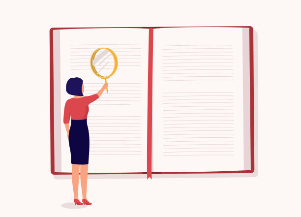 用放大镜看书的女人。图片下载