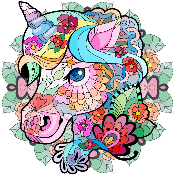 曼陀罗上可爱的卡通独角兽。奇妙的动物。黑白，线性，图像。用于设计印刷品，海报，贴纸，纹身。图片下载