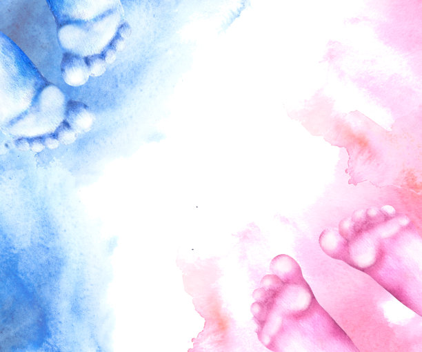 婴儿蓝色和粉红色的脚印与污渍框架性别揭示党概念水彩插图图片下载