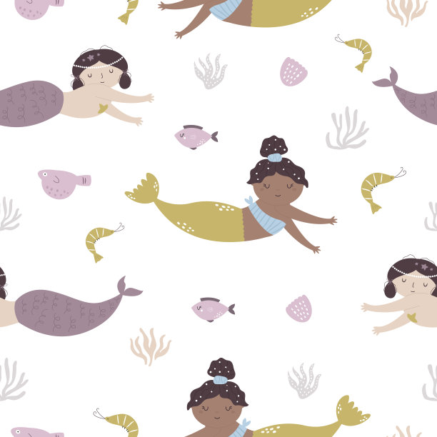 彩色无缝图案与美丽的美人鱼和海洋生物图片下载