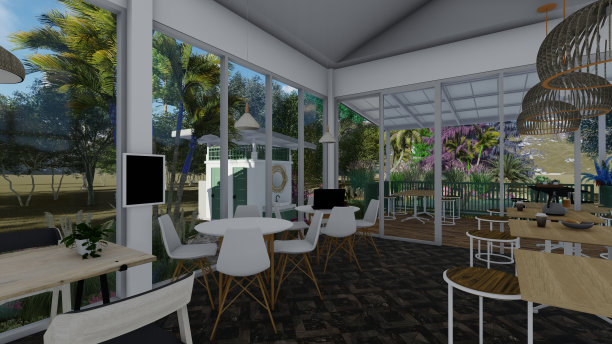 3D咖啡厅风格的房子模型，设计有阳台和花园周围的区域，以创造一个阴凉的氛围。里面装饰得很漂亮。图片下载