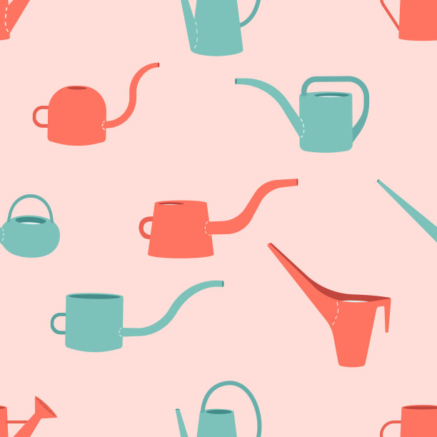 矢量无缝模式与农业图标的平面洒水罐。一套手柄花盆是照料和为植物添加土壤的设备，形状丰富多彩。为花园收集农具图片下载