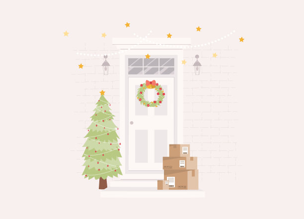 前门的背景，圣诞花环，圣诞树，圣诞装饰和包裹放在门阶上。图片下载