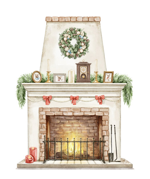 水彩卡通白色点燃圣诞壁炉图片下载