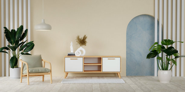 米色极简主义的客厅内部与橱柜椅子和植物在木地板上。家北欧内饰。斯堪的纳维亚室内海报模拟。3D渲染图图片下载