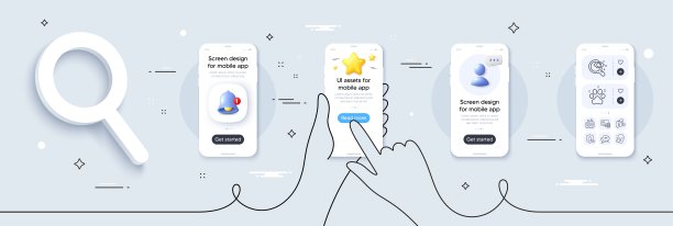 脸部注意，视觉测试和短信线图标包。用于web应用程序。手机屏幕模型。向量图片下载