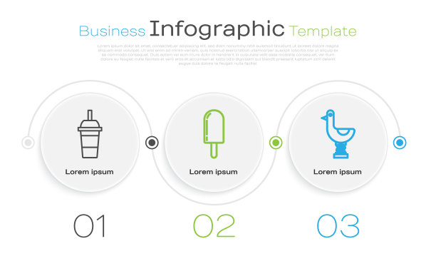 设线纸杯，配有吸管和水，冰淇淋和骑鸭。业务信息图表模板。向量图片下载