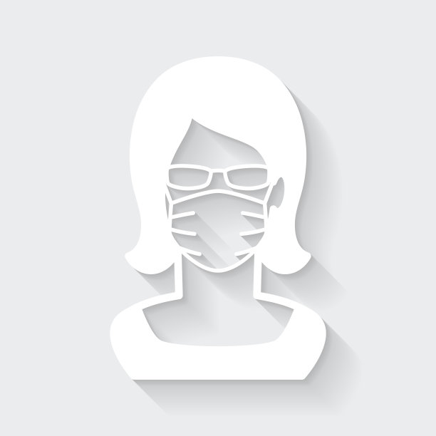 戴医用口罩的妇女。图标与空白背景上的长阴影-平面设计图片下载