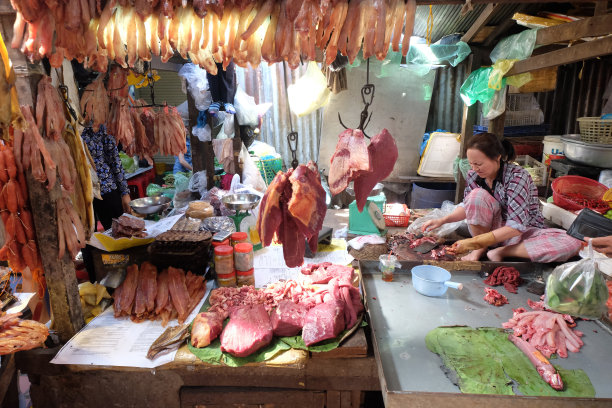 柬埔寨金边，一名妇女在当地市场上卖肉图片下载