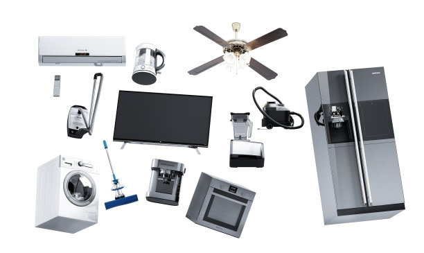 家用电器在空中飞行3D渲染在灰色背景黑色组冰箱洗衣机炉子微波炉吸尘器隔离在白色背景3D图片下载