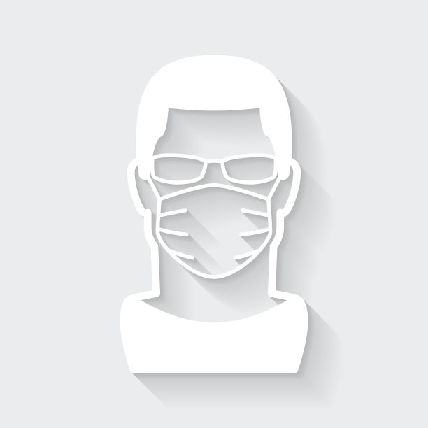戴医用口罩的男子。图标与空白背景上的长阴影-平面设计图片下载