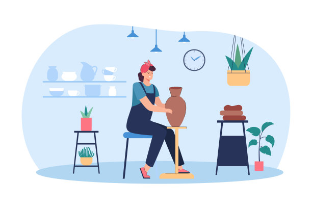 快乐的女人在陶器车间矢量插图图片下载