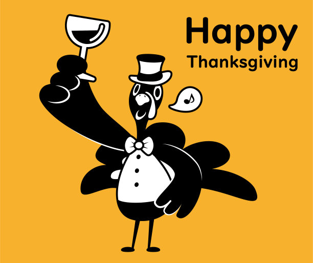 可爱的单色设计，一只火鸡戴着大礼帽，举起一杯酒来祝贺感恩节图片下载