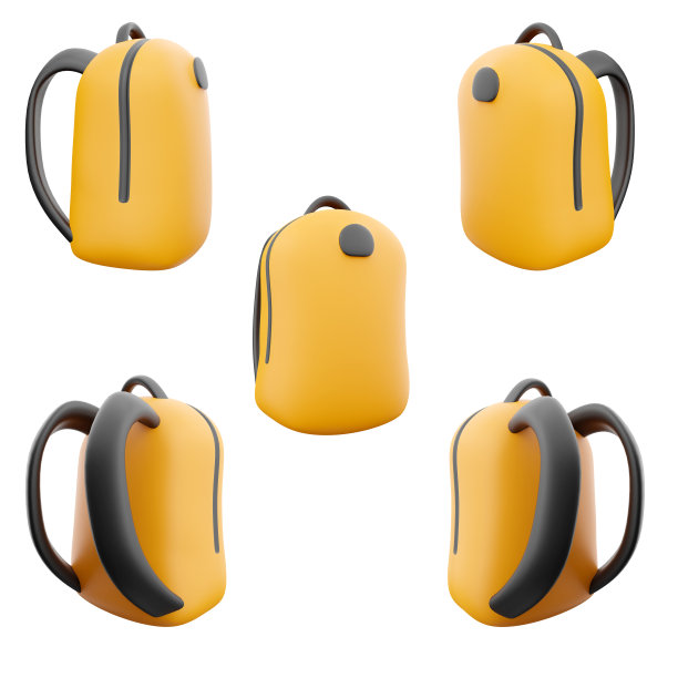 3d渲染黄色书包图标集。3d渲染书包为学校书籍和物品的不同位置图标集图片下载