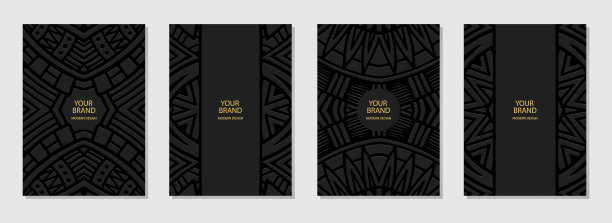 封面设计集，垂直模板。带有文字和广告空间的凸纹黑色背景的集合。东方民族艺术的几何立体图案。图片下载