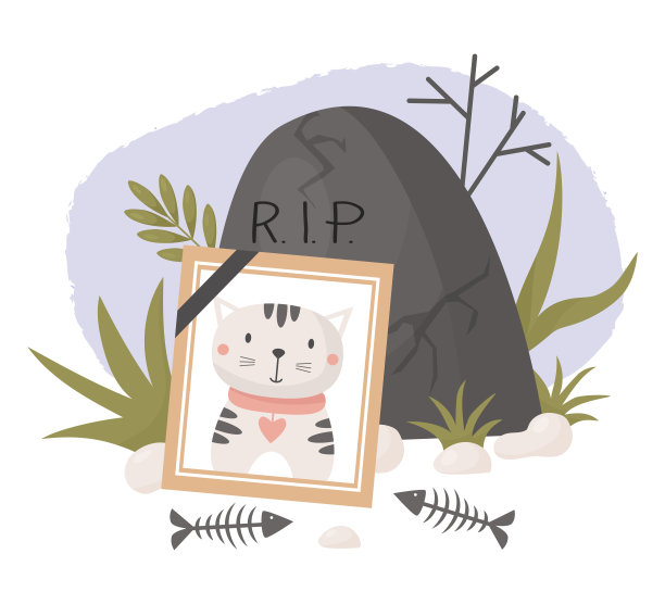 死猫的照片。墓地和坟墓，石头上有草和鱼的骨架。矢量插图。丧框与小猫鬼可爱的宠物。图片下载