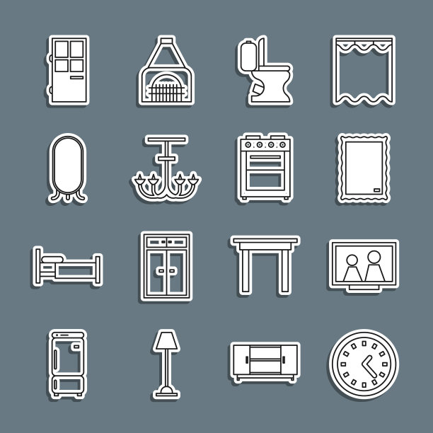 设置线时钟，桌子上的相框，马桶，吊灯，大全长镜子，闭门和烤箱图标。向量图片下载