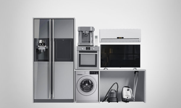 家用电器3D渲染灰色背景组黑色冰箱洗衣机炉子微波炉吸尘器隔离白色背景3D图片下载