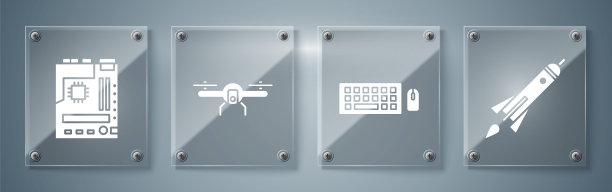 设置火箭船与火，键盘和鼠标，无人机飞行和主板。方形玻璃板。向量图片下载