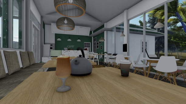 3D咖啡厅风格的房子模型，设计有阳台和花园周围的区域，以创造一个阴凉的氛围。里面装饰得很漂亮。图片下载