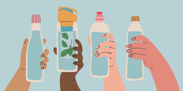 可重复使用的水容器。手握瓶子、杯子、运动水瓶的各种姿势。用你自己的瓶子。矢量隔离插图的设计。图片下载