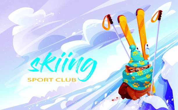 以卡通风格的滑雪活动概念。牛头犬滑雪者与滑雪板在冬季滑雪斜坡的背景。图片下载