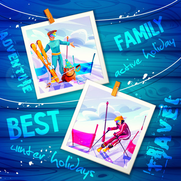 卡通风格的滑雪和度假概念。即时打印照片，一对夫妇的男性和女性滑雪者与牛头犬在抽象的木制背景与创造性的字母。图片下载